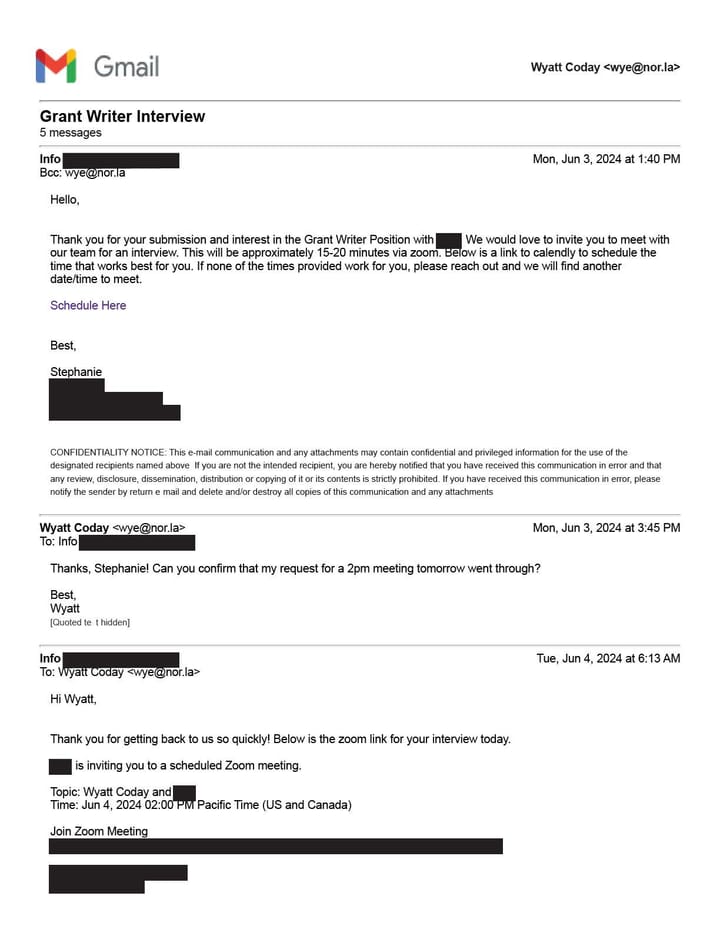 An email exchange between NOR RESEARCH STUDIO director Wyatt Coday and a Los Angeles nonprofit seeking a grant writer.